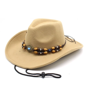 Classic light khaki felt cowboy hat with ethnic beaded band and adjustable chin strap