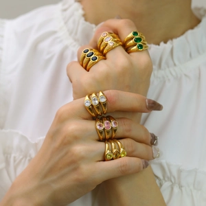 Three-layer vintage gold stackable rings with oval colorful zircon gemstones for women
