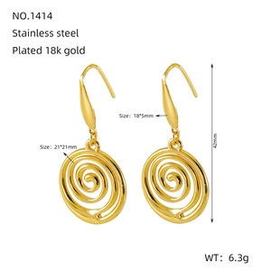 Detail view of 18k gold plated stainless steel spiral swirl earrings with dimensions