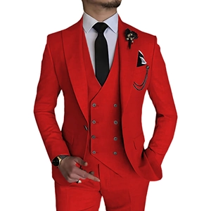 Three-piece red men's suit with double-breasted vest and metal chain accessory