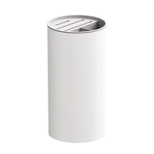 White cylindrical kitchen knife holder and utensil caddy with grey slotted top organizer