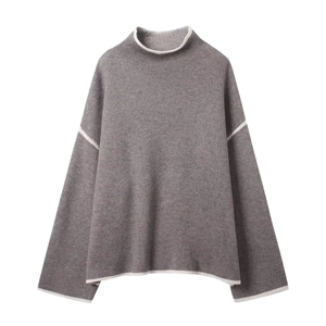 Women's turtleneck knit sweater in dark coffee with elegant white contrast trim detailing