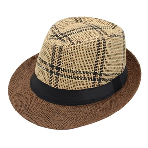 Fedora Trilby Hat Paper Straw Sun Protection Beach Holiday Plaid Pattern Jazz Style Breathable Summer Sunhat For Adults