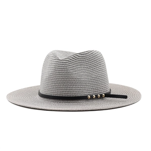 Classic grey woven panama fedora hat with black leather band and gold rivet accents