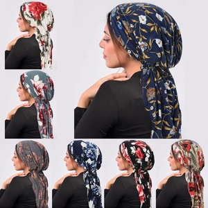 Women Floral Print Turban Hat Long Tail Headscarf Soft Polyester Headwear For Daily Wear Casual Head Wrap Headpiece