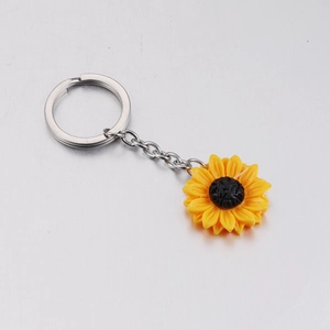 Mirror polished stainless steel sunflower pendant keychain with yellow petals and silver ring