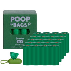 Eco-friendly biodegradable dog poop bags with dispenser, 300 count lavender scented rolls.