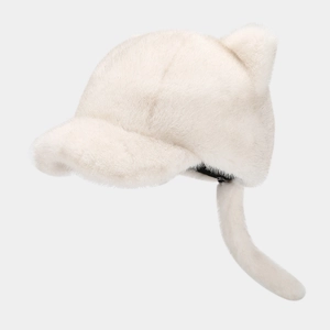 Close-up of soft white faux fur texture on a cute cat ear plush baseball cap detail