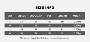 Detailed size chart for faux leather jacket including sleeve, shoulder and bust measurements