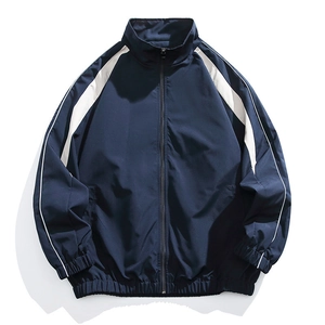 Men Stand Collar Jacket Zip Up Windbreaker Contrast Color Stripe Casual Sports Outerwear Loose Fit Lightweight