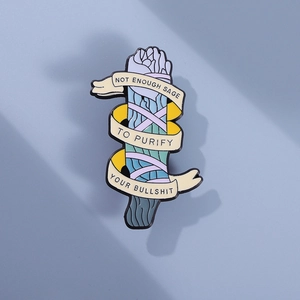 Botanical sage metal enamel pin with humor text for backpack and jacket accessories