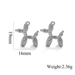 Detailed view of silver balloon dog charms with 19mm height and 16mm width measurements
