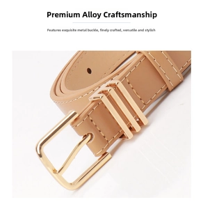 Detail of tan PU leather belt with gold square buckle and white contrast stitching
