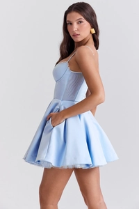 Light blue satin puff dress featuring side mesh paneling and hidden pockets detail