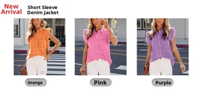 Detail von Kurzarm-Jeansjacken in Orange, Rosa und Lila mit ausgefranstem Saum