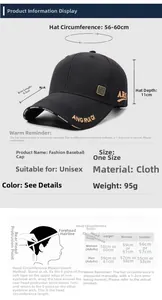 Guide des tailles montrant 56-60cm de tour et 8,5cm de visière pour casquette de baseball