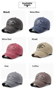 Detail view of vintage washed cotton baseball caps with embroidered street style lettering
