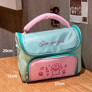 Detail showing dimensions of cute cartoon vanity bag with handle and zipper closure