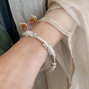 Elegant Chinese style silver bamboo lotus open bangle with dragon scale relief patterns