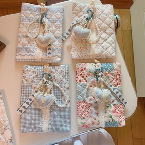 Set of four blue floral quilted laptop pouches with decorative charms and lace edges