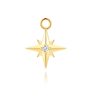 Close-up of golden octagonal star pendant with a sparkling central zircon on white background