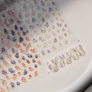 Japanese tulip nail stickers with shell laser finish and floral aurora patterns