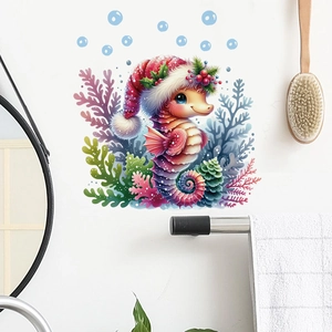Detail of waterproof Christmas seahorse wall sticker applied on bathroom tile near a mirror