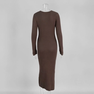 Detail view of dark brown ribbed knit fabric and slim-fit back design of the long dress