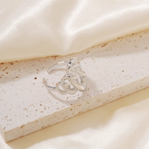 Close-up of silver irregular chain ring on stone with champagne satin backdrop