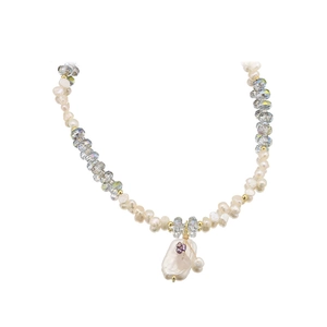Baroque pearl and blue crystal necklace with tree branch pendant on white background