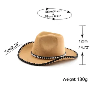 Classic western cowboy hat with studded leather band and size chart specifications