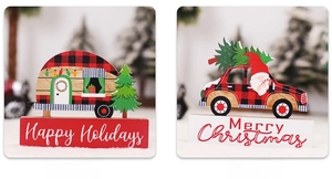 Detailed view of Christmas wooden car ornaments with red plaid and festive greetings