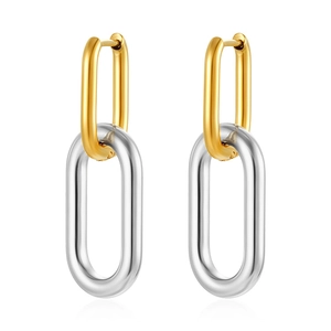Detail of two-tone interlocking oval link earrings in polished gold and silver steel