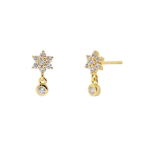 Elegant 18K gold plated flower stud earrings with zircon crystals shown on white background