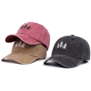 Vintage washed cotton baseball caps with embroidered tree patterns in three colors