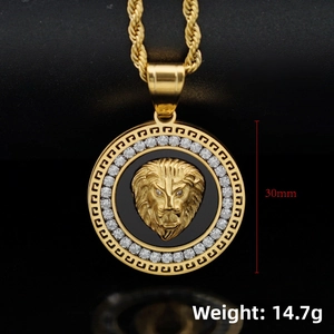 Detail shot of 30mm gold plated lion head pendant with Greek key pattern and cubic zirconia