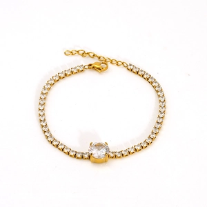 Classic gold stainless steel tennis bracelet with sparkling round zircons and central main stone
