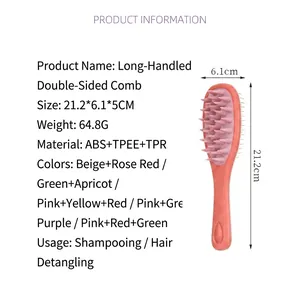 Dual-sided long-handle hairbrush with pink air cushion for scalp massage and washing
