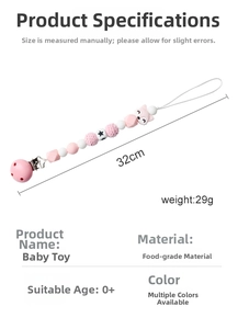 Detail showing 32cm length and 29g weight of handmade silicone fox pacifier clip