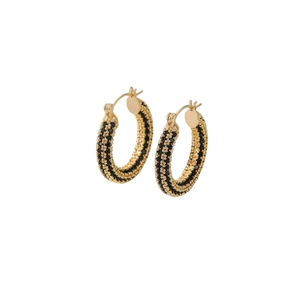 Classic gold hoop earrings with black micro-paved cubic zirconia and secure snap closure