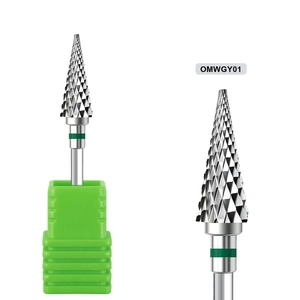Close-up of alloy nail drill bit OMWGY01 with sharp cross-cut teeth and green base