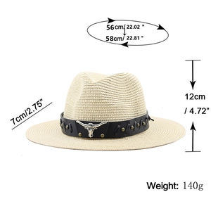Straw cowboy hat for women with bull head metal logo and dimensions on white background