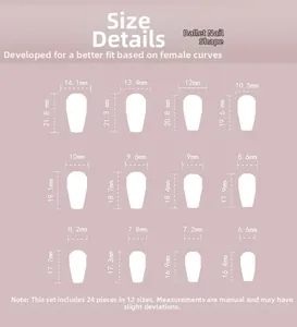 Size chart for ballerina shape press-on nails with 12 measurements and 24 pieces set