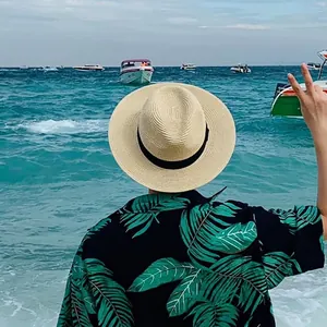 Cappello Fedora di Paglia Retro per Uomo Donna Protezione Solare Spiaggia Estiva Tesa Larga Cappello Panama con Nastro