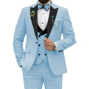 Three-piece light blue men's wedding suit with black shawl lapel and matching bow tie