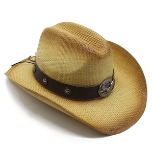 Classic straw cowboy hat with wide brim, star rivets and eagle buckle detail