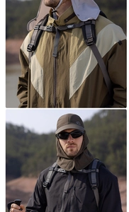 Detail of outdoor sun hat with neck protection and quick-dry hiking gear in mountain setting