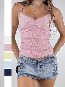 Débardeur Femme À Fines Bretelles Camisole Paillettes Strass Col V Tricot Côtelé Coupe Ajustée Court