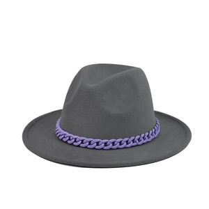 Detailed view of dark grey wool felt fedora with a chunky purple chain decorative band
