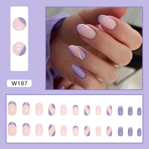 Elegant purple and pink wave pattern press-on nails set with 24 pieces in various sizes